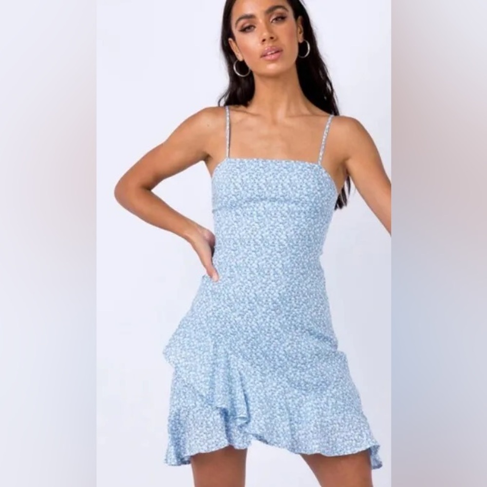 Princess Polly Grasby Mini Dress Blue Floral Ruffle Size 2